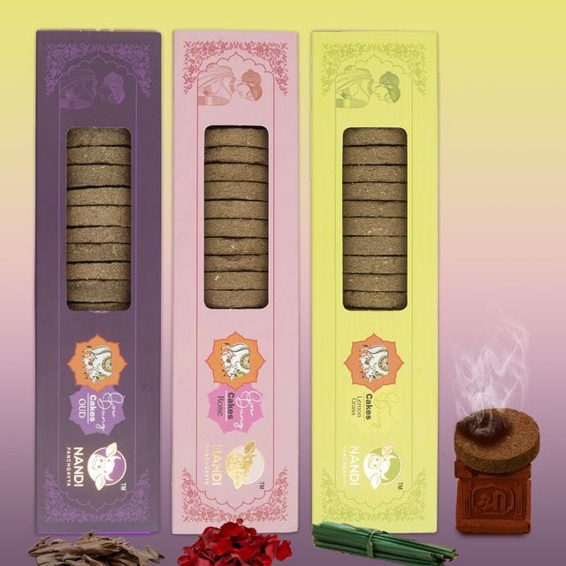 Nandi Panchgavya 100 Percent Desi Cow Dung Cake Kande (63 Pcs) (Oud, Rose, Lemongrass Fragrance-Pack of 3)