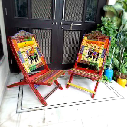 Wooden Chair Set | Wood Folding Garden Chairs | Handicraft Patio Furniture - for Home Decor, Living Room, In-Door, Out-Door, Terrace, Balcony & Gift - 35 Inch (Set of 2)