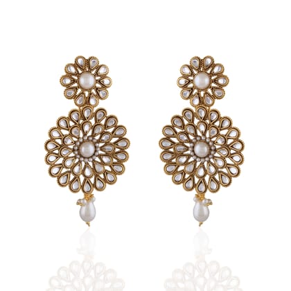 Gold-Plated Floral Pearl Drop Earrings  Statement Kundan-Style Dangler