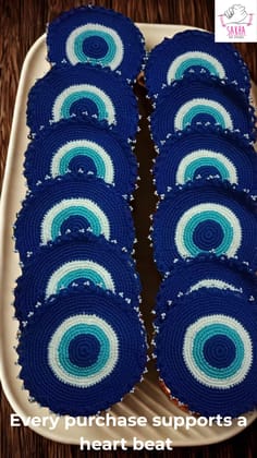 Sakha Evil Eye Crochet Coaster Royal Blue White Sky Blue