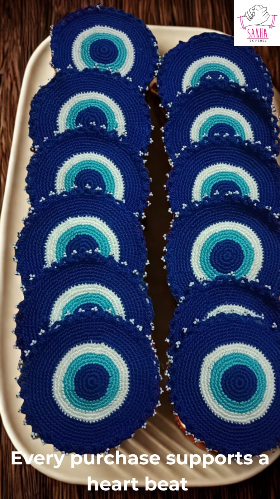 Sakha Evil Eye Crochet Coaster Royal Blue White Sky Blue