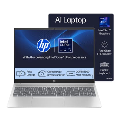 HP 14 AI, Intel Core Ultra 7 155H (16GB DDR5, 512GB SSD) FHD, Anti-Glare, 14"/35.6cm, Win11, Office21, Silver, 1.4kg, gr1023TU, Intel Arc Graphics, FHD Camera w/Shutter, Backlit Kb AI Powered Laptop HP 14 AI, Intel Core Ultra 7 155H (16GB DDR5, 512GB SSD