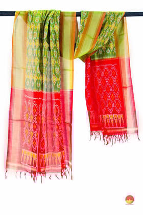 Light Green and Red Pochampally Ikkat Silk Dupatta With Zari Border PVD 1033