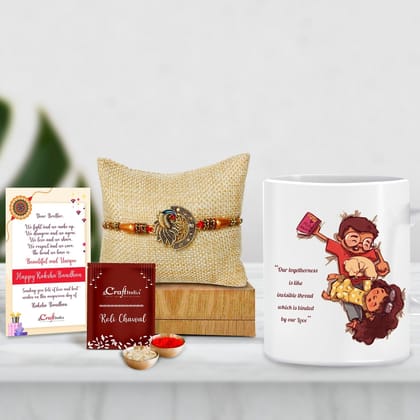 Designer Peacock Rakhi with Mug for Brother and Roli Chawal Pack, Best Wishes Greeting Card
