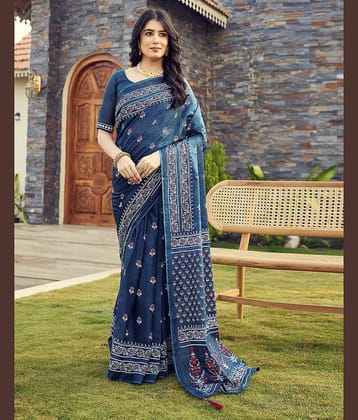 Satrani Cotton Printed Ready to Wear Saree With Unstitched Blouse Piece ( Blue )