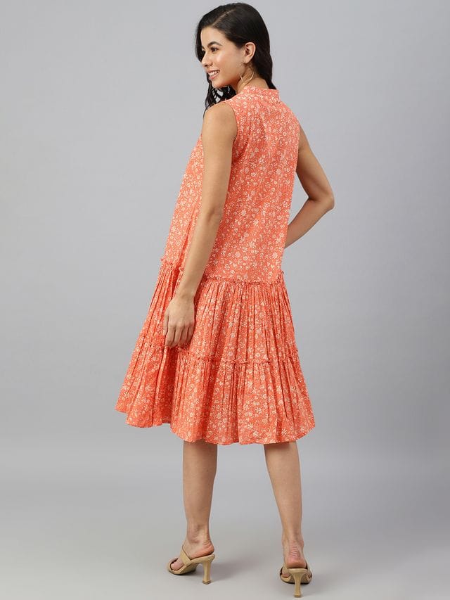 Peach cotton floral block print flared western dress