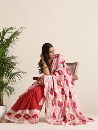 trueBrowns Maroon Grey Muslin Ikat Saree - Maroon (Free Size)