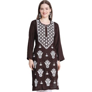 Numak Women Chikan Embroidery Straight Kurta (Brown, White)