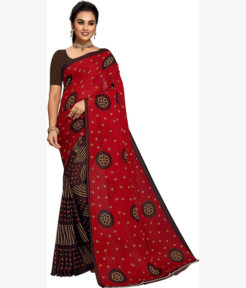 Kanooda Prints Georgette Printed Saree With Unstitched Blouse Piece ( Red )