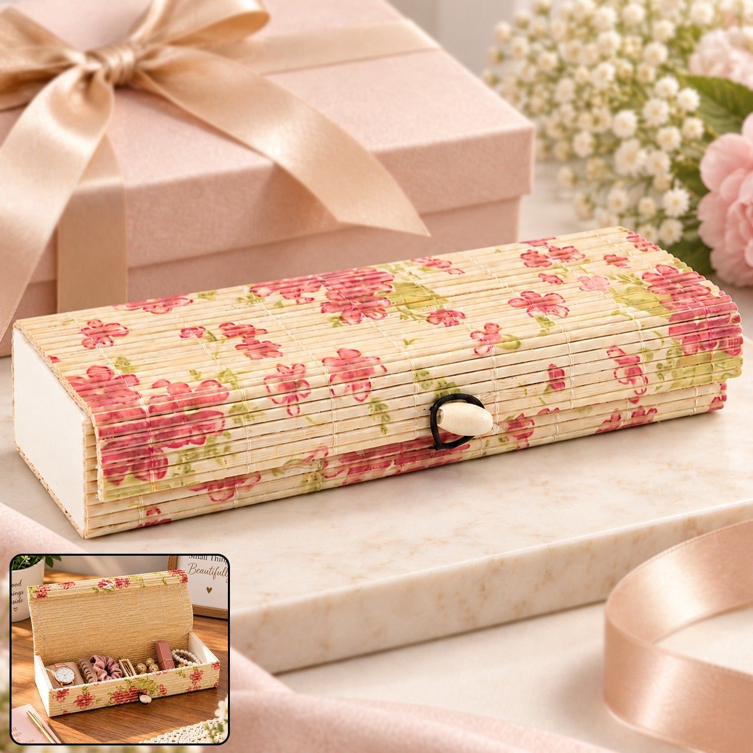 Decorative Wooden Gift Box with Roll Top Lid Floral Design
