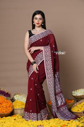 Rajsi ~ Handloom Pure Cotton Saree with Hand-embroidered Symmetric Border~ Maroon