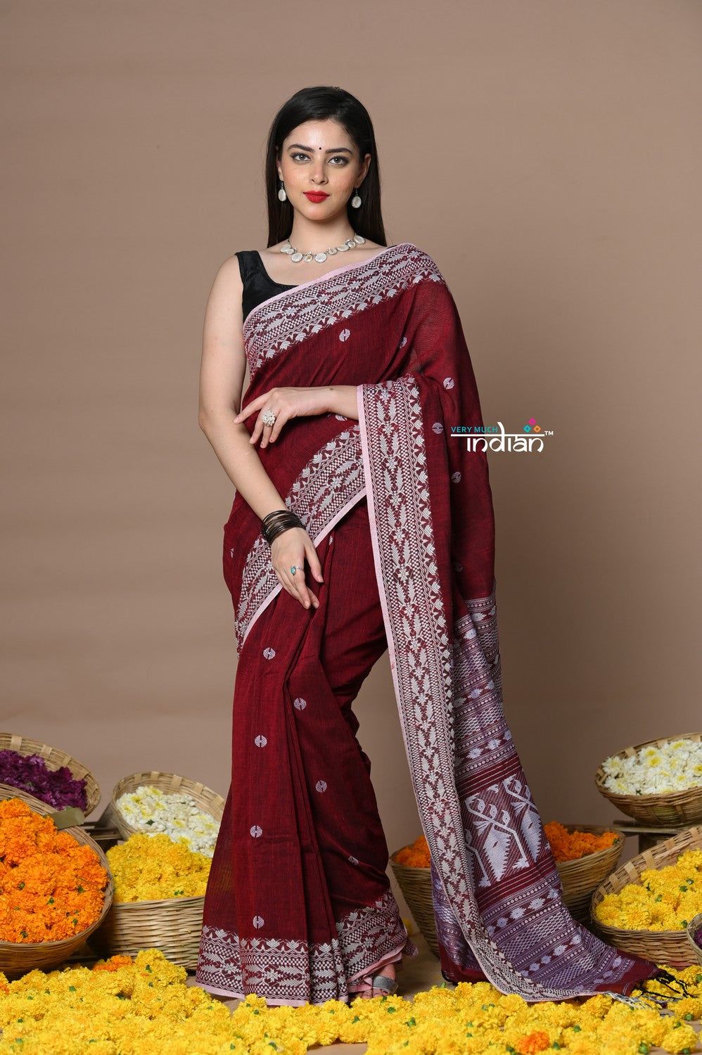 Rajsi ~ Handloom Pure Cotton Saree with Hand-embroidered Symmetric Border~ Maroon