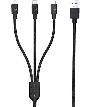 ZEBRONICS UMLCC1205, 3 in 1 USB Charging Cable with Type C, Lightning, Micro USB, 18 Watts, Rapid Charge, 1.5 Meter, Compatible with iPhone | Samsung | OnePlus | Xiaomi | Realme | Oppo