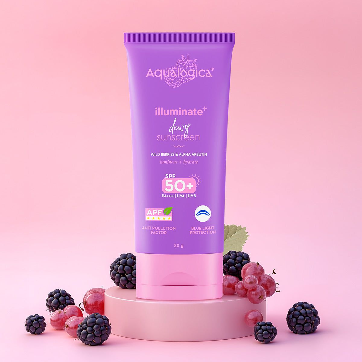 Illuminate+ Dewy Sunscreen SPF 50+ PA++++ with Anti Pollution Factor (APF) | Wild Berries & Alpha Arbutin - 80g