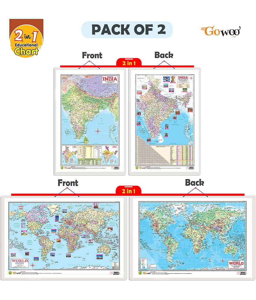 Set of 2 | 2 IN 1 INDIA POLITICAL AND PHYSICAL MAP IN ENGLISH and 2 IN 1 WORLD POLITICAL AND PHYSICAL MAP IN ENGLISH Educational Charts