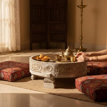 Amazing Wooden Round Indian Carving Bowl | Unique Chakki Stool with Storage