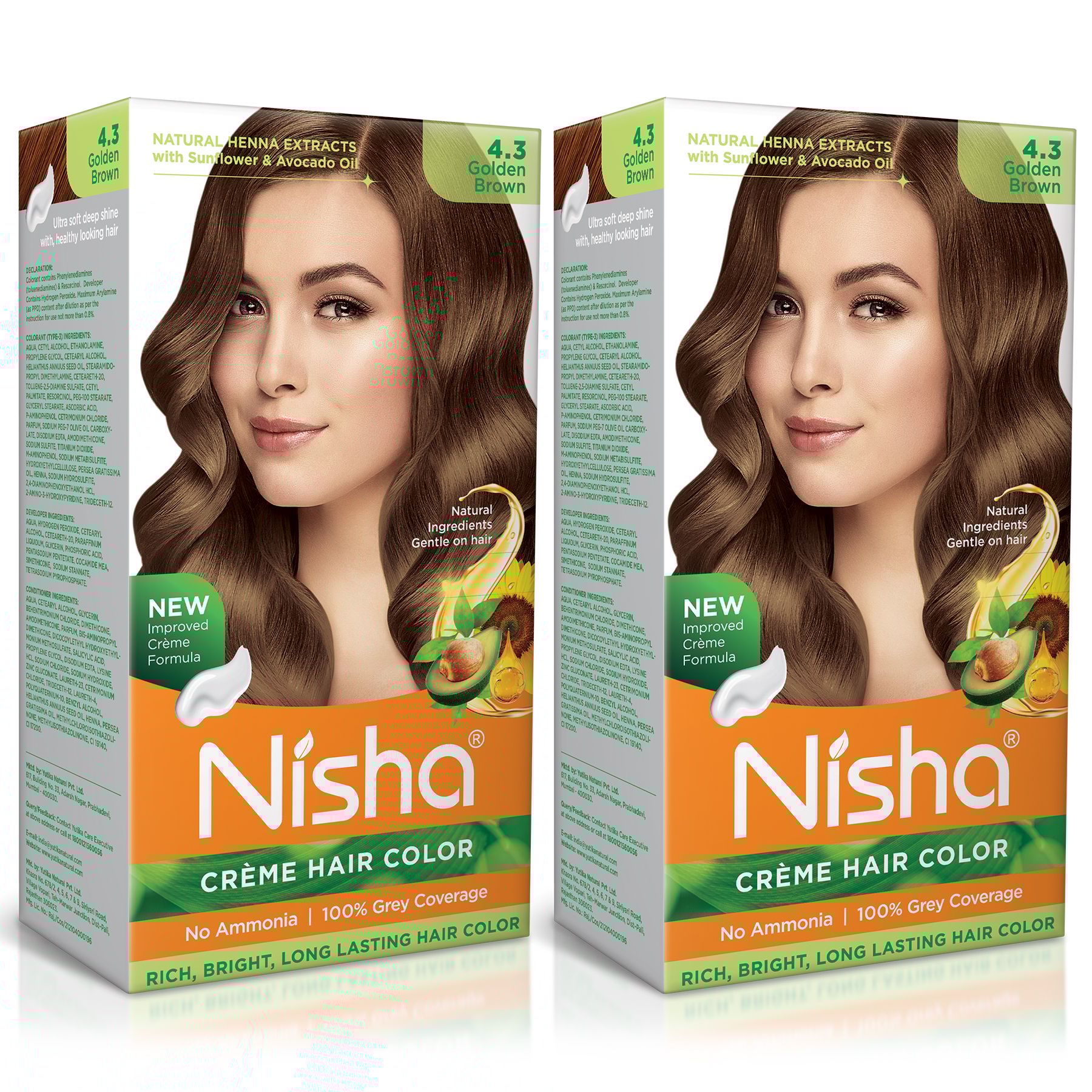Nisha Creme Hair Color 4.3 Golden Brown 120g Pack of 2, Permanent Hair Colour, No Ammonia, 100% Grey Coverage