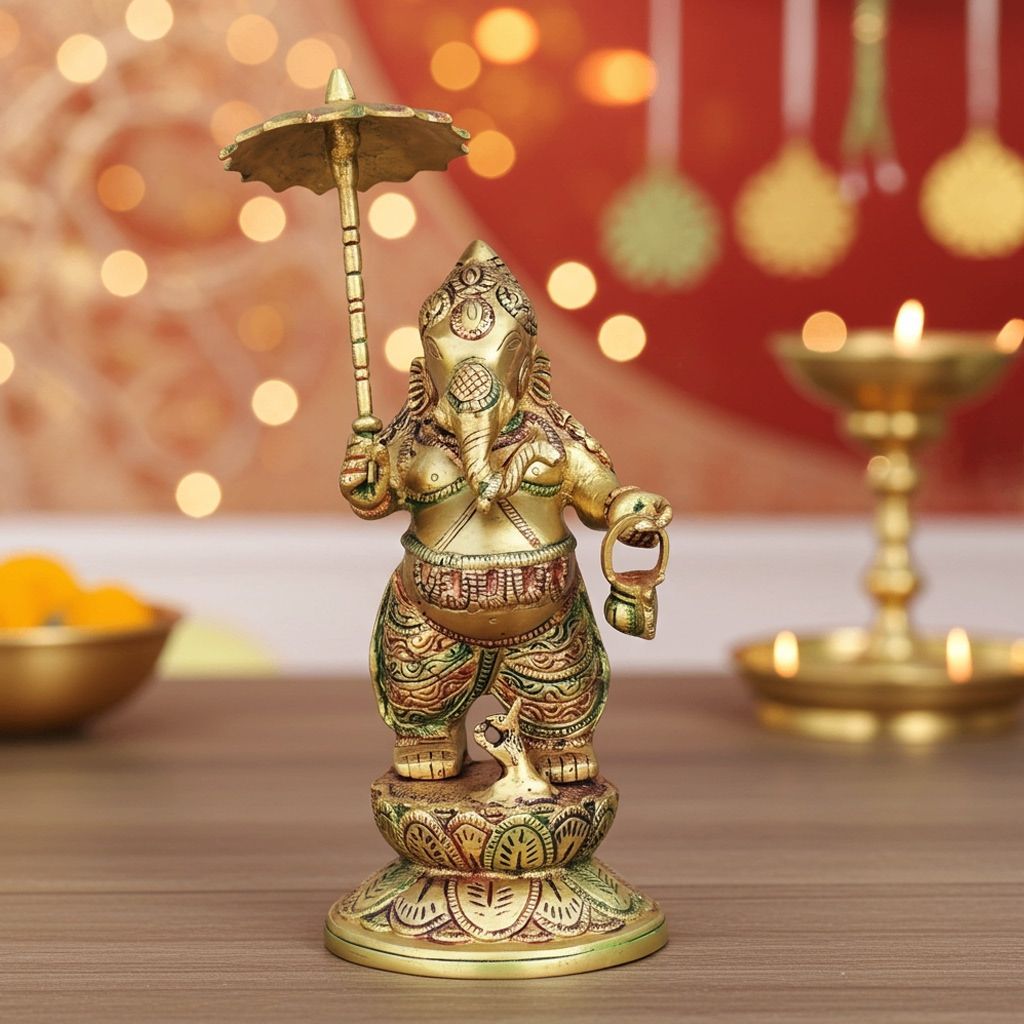 Brass Showpiece Ganesh With Umbrella God Idol Statue (BSMAS1462 C)