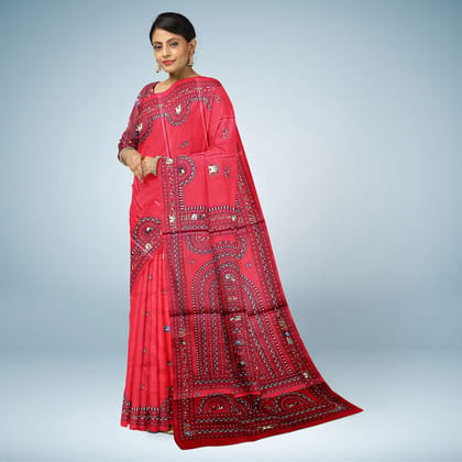 Brick Red Pattachitra Saura Painting Saree – Hand-Painted Traditional Tribal Art