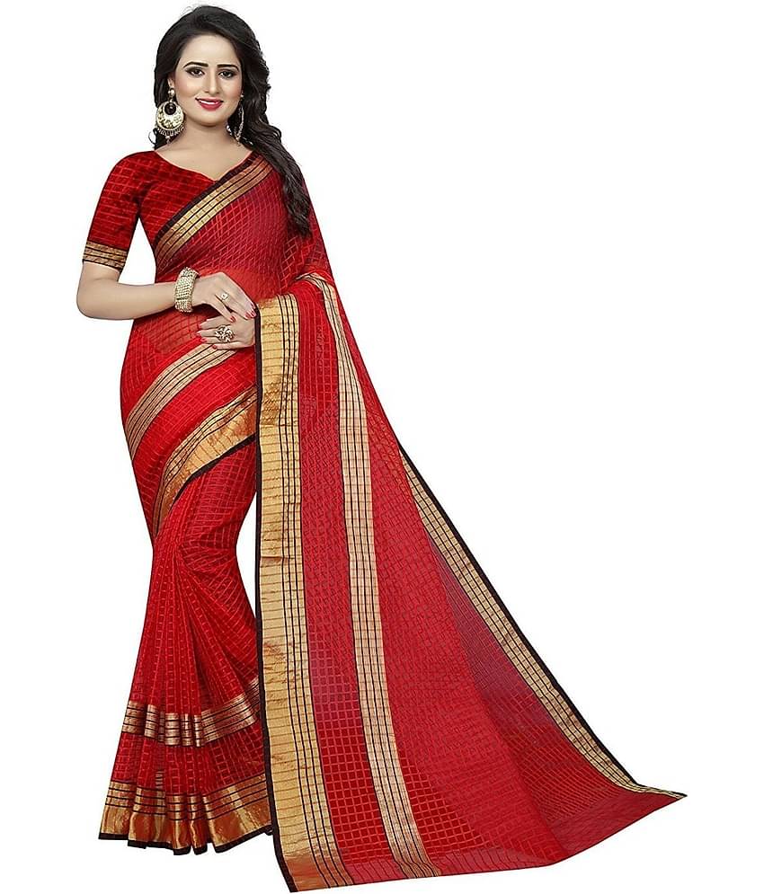 Vkaran Cotton Silk Solid Saree Without Blouse Piece ( Red )