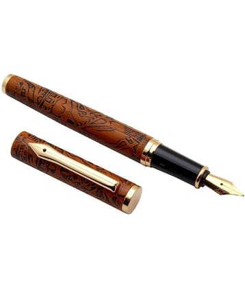 Antique Design Engraved On Dark Wood Textured Metal Body Magnetic Cap Fountain Pen With Fine Nib & Golden Trims