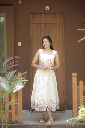 Venetian Embroidery Work On Pure Khadi Cotton Fabric maxi Frock-Off White / S-36