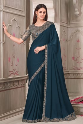 Teal Embroidered Satin Georgette Saree