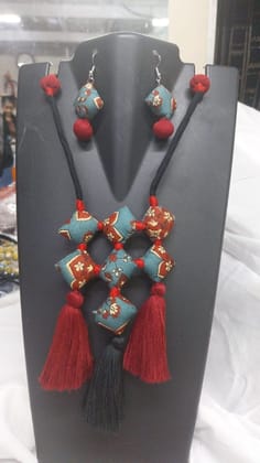 Fabric Floral Motif Necklace and Earring Set (Teal and Maroon) | Handcrafted Ethnic Style | Festive Wear