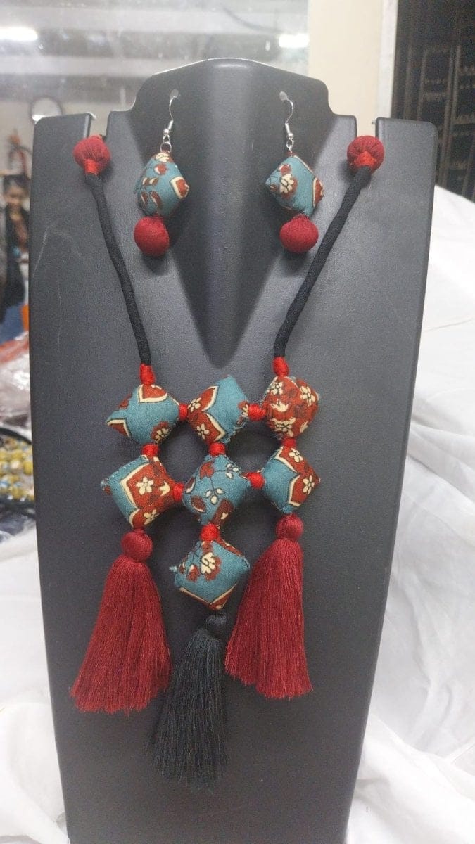 Fabric Floral Motif Necklace and Earring Set (Teal and Maroon) | Handcrafted Ethnic Style | Festive Wear