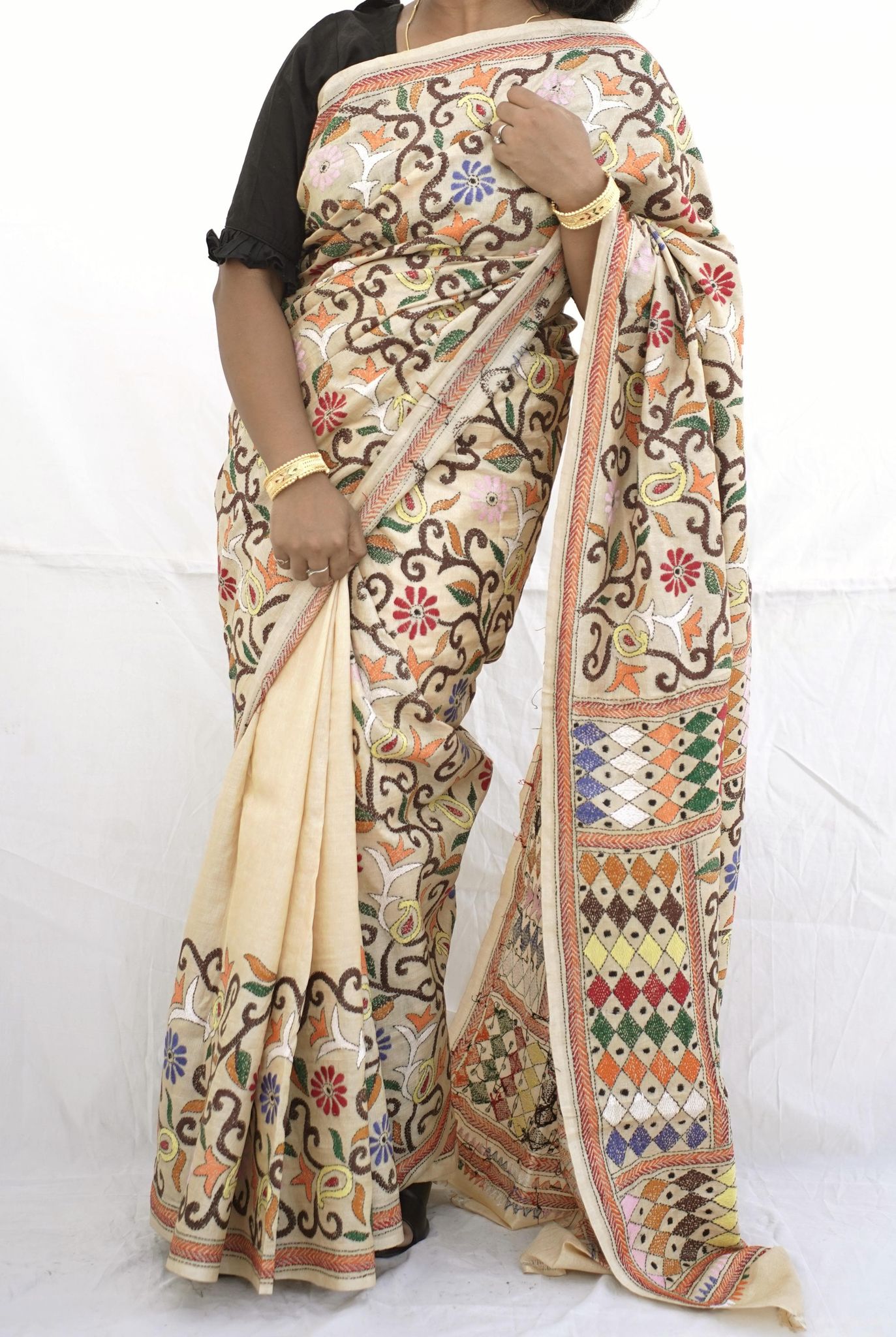 Kantha Stitch Gachi Tussar Silk Saree - Traditional Hand Embroidery with Vibrant Hues