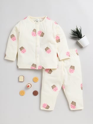 Cupcake Print Cream Full Sleeve Nightwear Set-3-6 m
