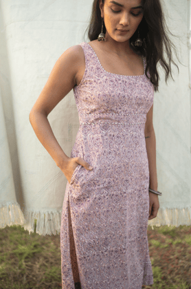 Hand Block Printed Midi Dress - Salsa Rose-XS