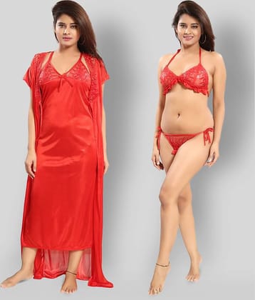 Reposey - Red Satin Women's Nightwear Nighty & Night Gowns ( Pack of 4 )