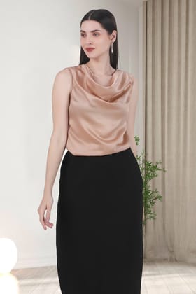 Drapey Cowl Neck Sleevless Top, Hazelnut-XS