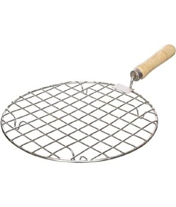 Dynore Stainless Steel Round Papad Jali, Roti Roast Grill with Wooden Handle (1U)