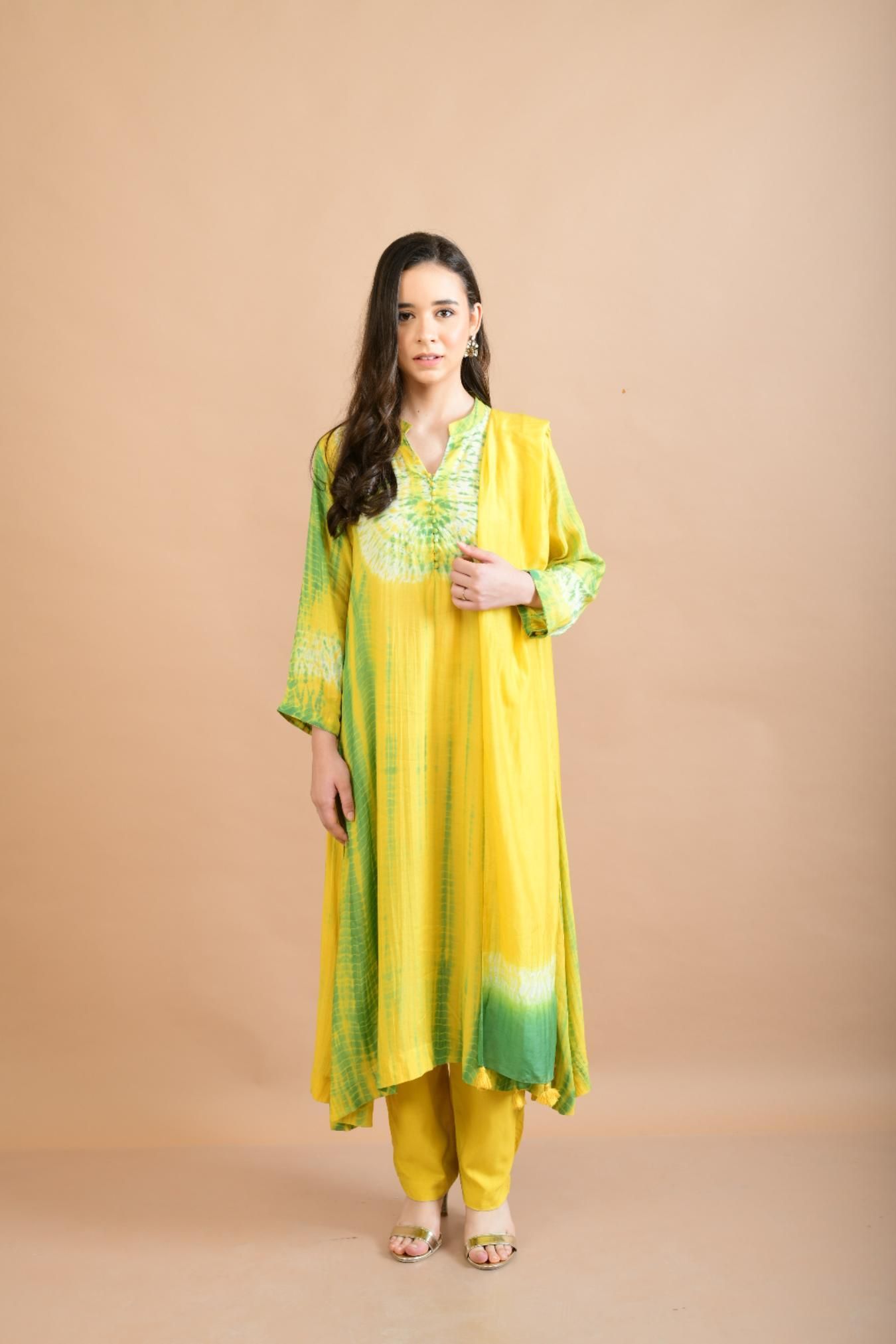 YELLOW GREEN SHIBORI YOKE AND TIE DYE KURTA SET OF 3-XL