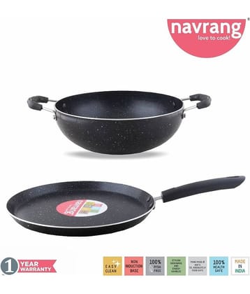 Navrang Non Stick Aluminium Nonstick Spatter 2 Pcs Gift Set , Tawa 275mm,Kadai 230mm, Black & white Granite Finish  -Non Induction