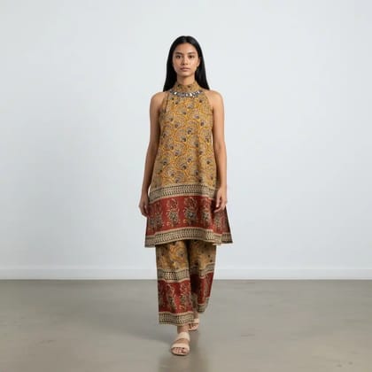 Handloom Cotton Co-Ord Set in Mustard with Paisley Print and Pockets