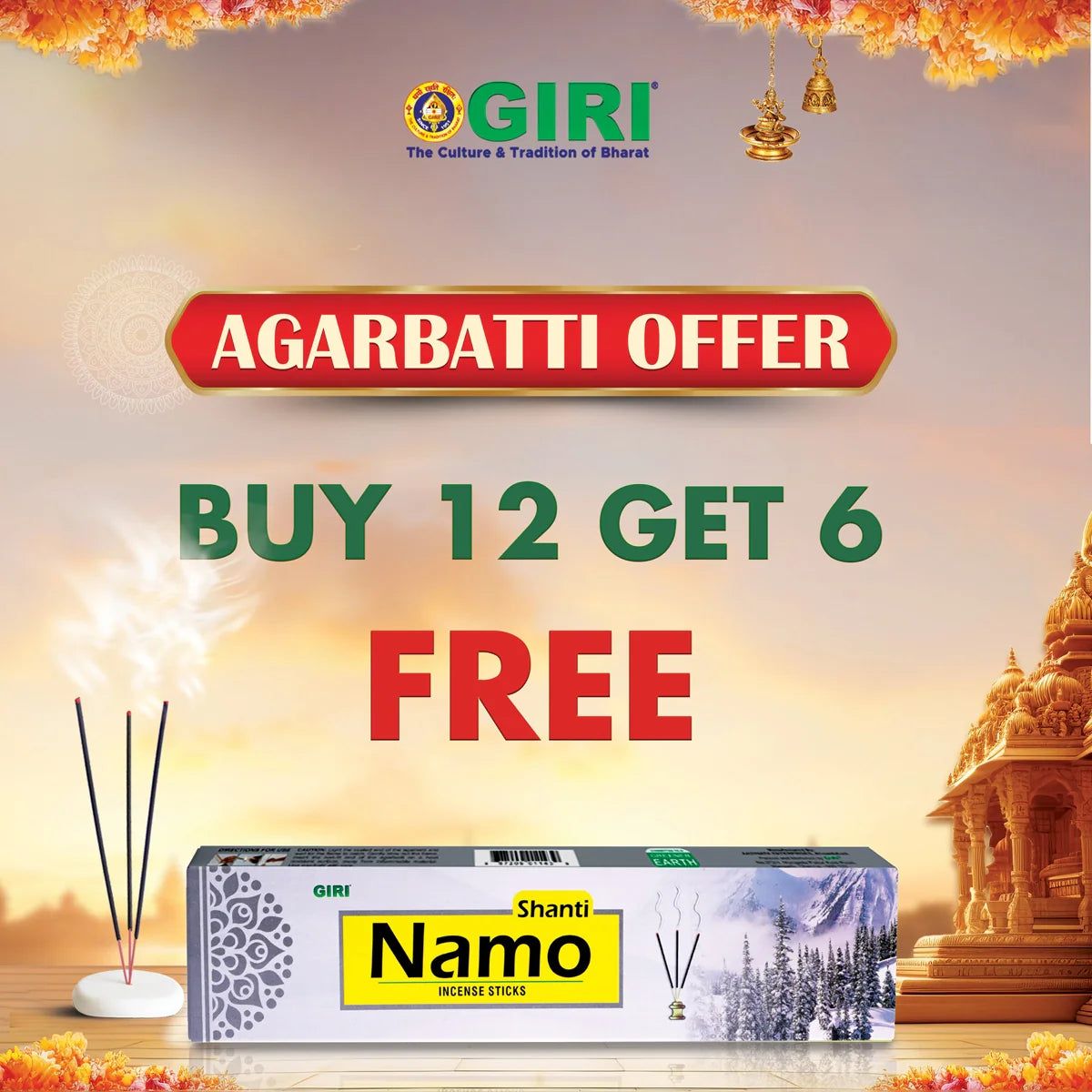 Giri Incense Sticks Pack | Buy 12 Get 6 | Scent Sticks Combo | Agarbatti Pack | Agarbathi Combo Pack for Pooja | Scent: Namo Shanti