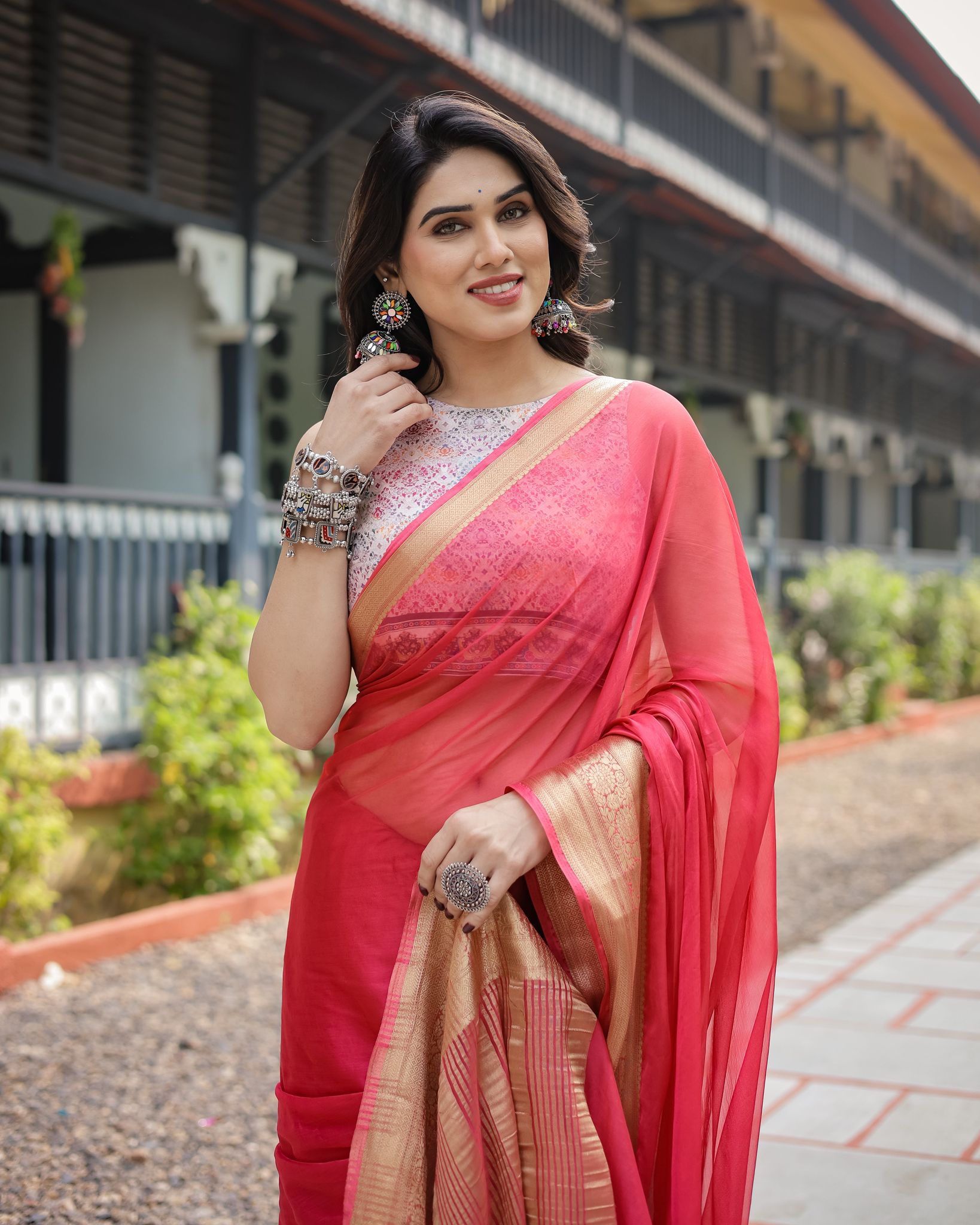 Radiant Rose Red Plain Chiffon Saree with Gold Zari Border, Intricate Printed Blouse & Tassel Accents-Regular