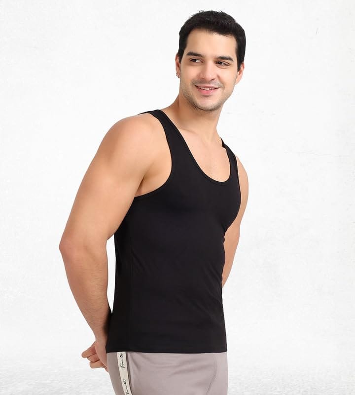 Freecultr Cotton Vest for Men Sleeveless Lightweight Solid Round Neck Comfort Vests Breathable & Comfortable Innerwear Sando for Man Regular Fit Pack of 2-Black,Light Grey