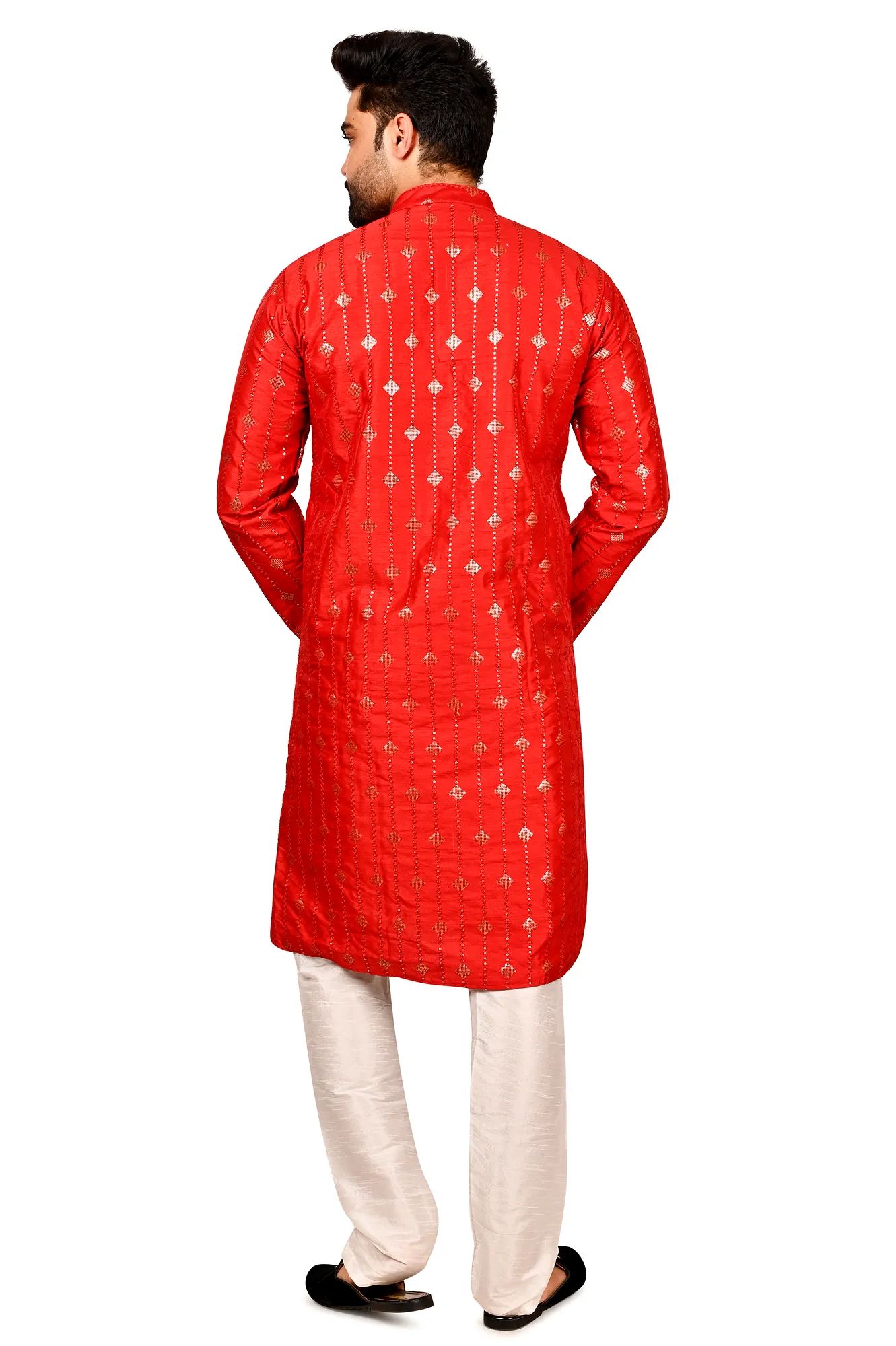 Stylish Mirror Embellished Kurta Set For Men (Color - Red, Size - 36) by G P International