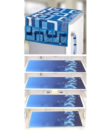 Crosmo Polyester Floral Printed Fridge Mat & Cover ( 64 18 ) Pack of 5 - Blue