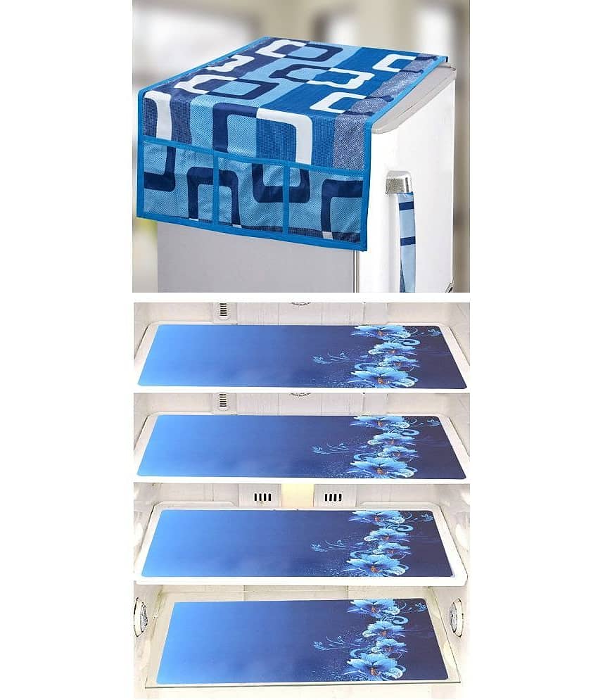 Crosmo Polyester Floral Printed Fridge Mat & Cover ( 64 18 ) Pack of 5 - Blue