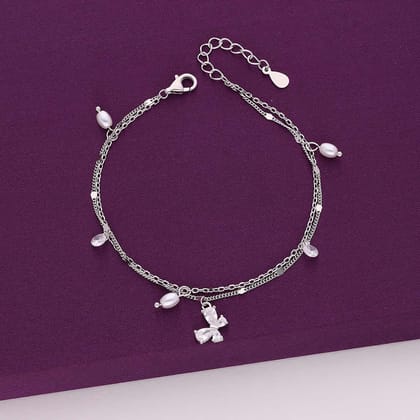 Sterling Silver Layered Butterfly Pearl Charm Bracelet-Pearl / Silver