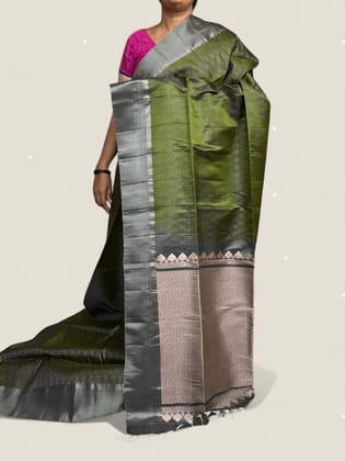 PURE SOFT SILK SAREE OLIVE GREEN AND GRAY WITH ALLOVER ZARI WEAVES BUTTAS IN PLAIN BORDER