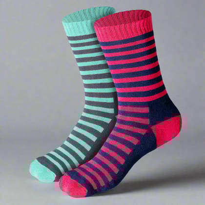 Bamboo Kids Crew Socks (Stripes) - 2 Pairs-Age 6-8 Years / Pink | Teal