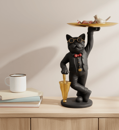 Butler Dog Statue – Bulldog Candy & Key Holder for Entryway or Table – Black, Gold & Red