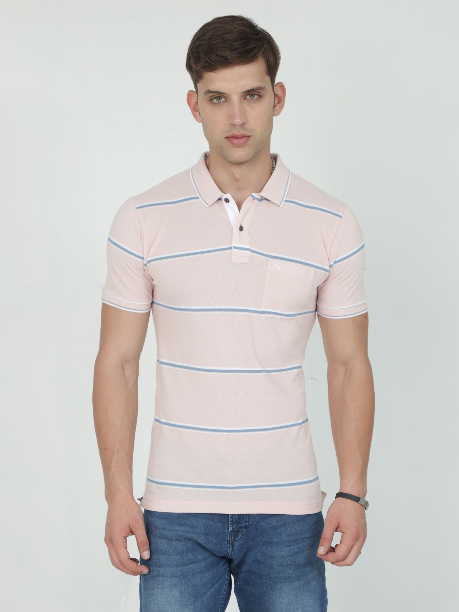Classic Polo Mens Casual Lt.Peach Striped Cotton T-Shirt | F-ADORE - 106 B SF P