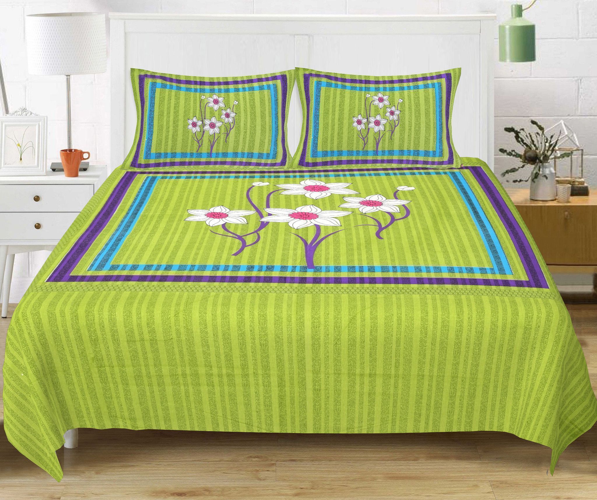 3001-Hometrade India-Standard King Size (90*108 Inches) Double Bedsheet With 2 Pillow Cover-RJ-14-Jaipur lining-3386